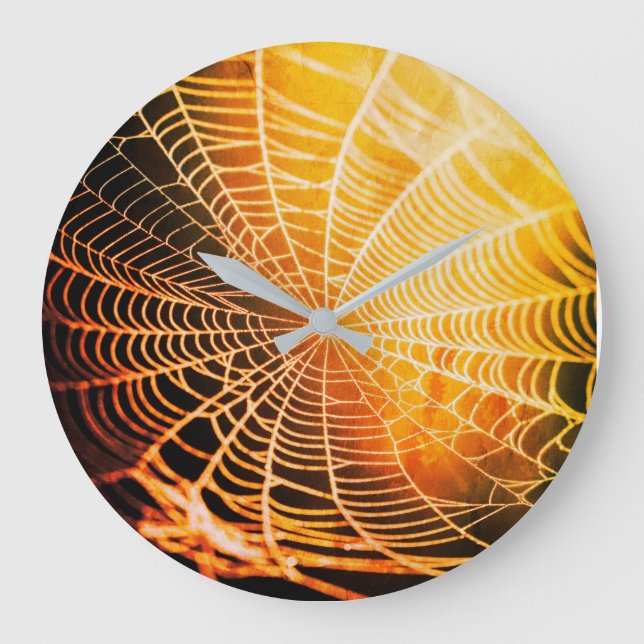 Orange Black Creepy Spooky Spider Web Large Clock (Front)
