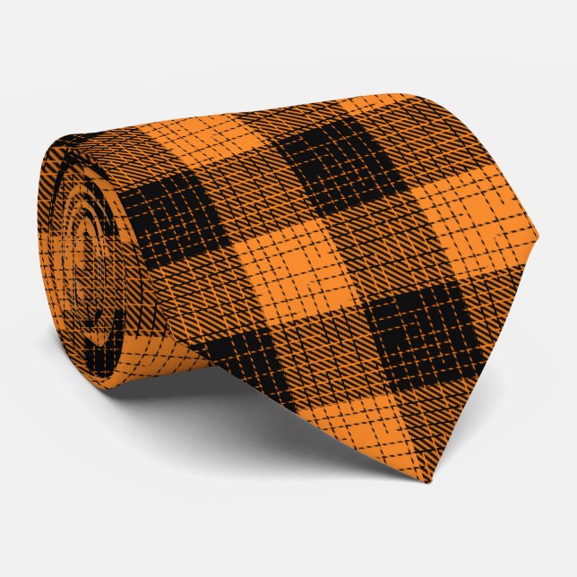  Orange Black Crosshatch Buffalo Check Tie (Rolled)