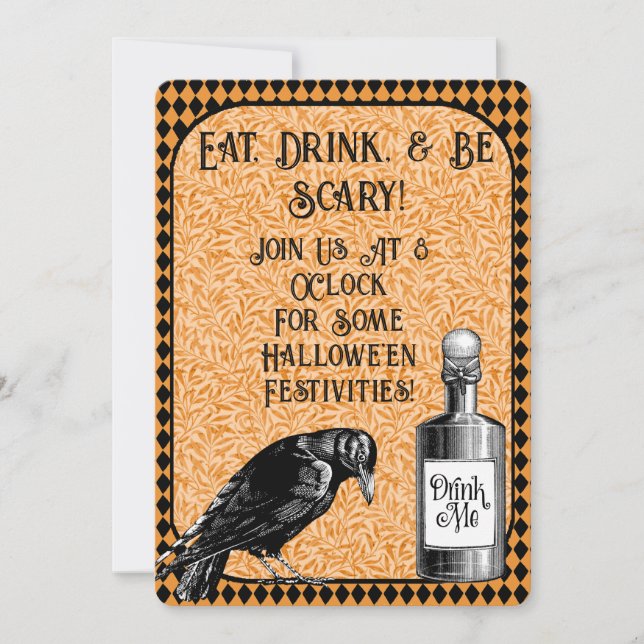 Orange Black Crow Raven Halloween Invitation (Front)