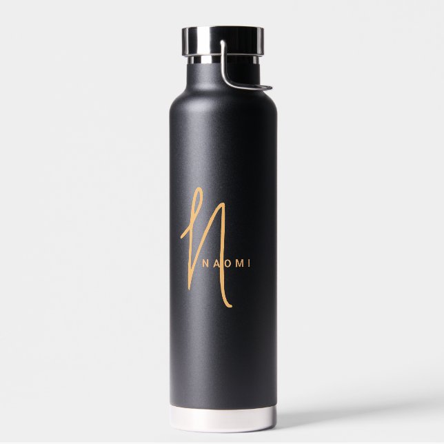 Orange Black | Custom Monogram Script Name Stylish Water Bottle (Left)