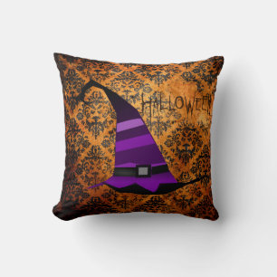 Orange & Black Damask Halloween Witches Hat Pillow