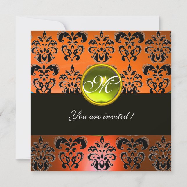 ORANGE  BLACK DAMASK MONOGRAM, yellow topaz Invitation (Front)