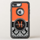 Orange Black Damask Pattern Monogram