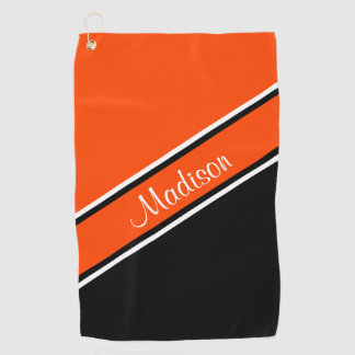 Orange Black Diagonal Stripe Script Name Golf Towel