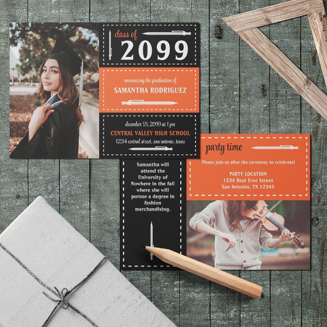 Orange & Black Dotted Boxes and Pencils Graduation Invitation (Creator Uploaded)