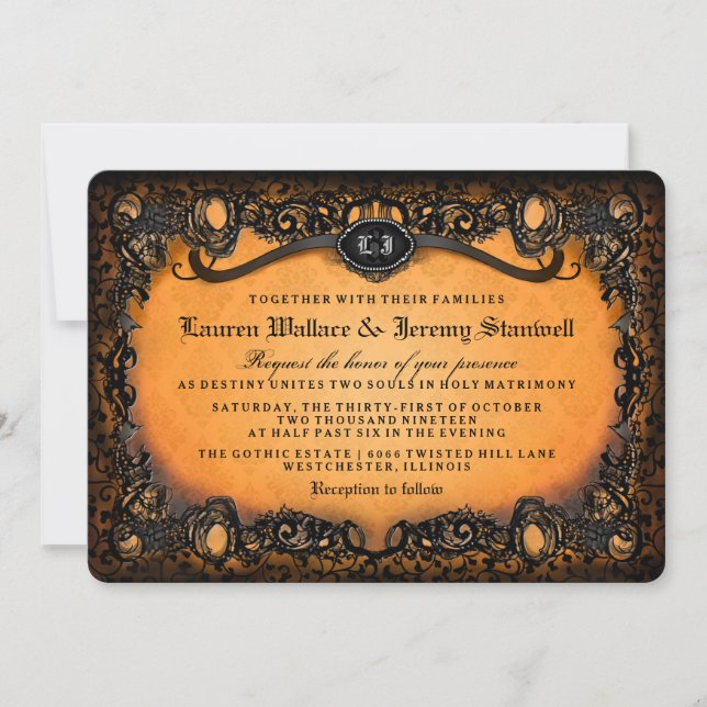 Orange Black Elegant Halloween Wedding Invitation (Front)