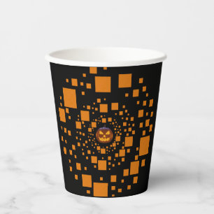 Orange Black Evil Pumpkin Float Squares Halloween Paper Cups