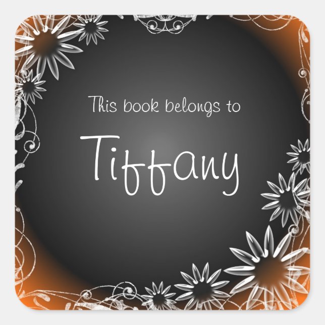 Orange black floral custom book sticker labels (Front)