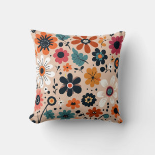 Orange Black Flowers Pattern Beige Background Cushion