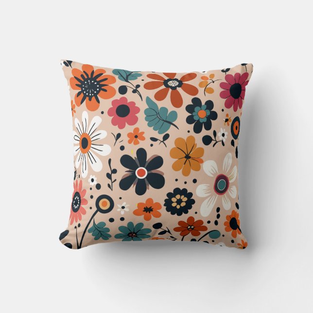 Orange Black Flowers Pattern Beige Background Cushion (Front)