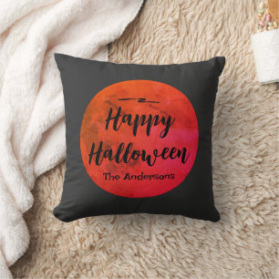 Orange Black Full Moon Family Name Happy Halloween Cushion