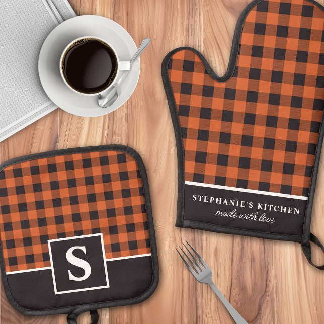 Orange Black Gingham Fall Kitchen Monogram Oven Mitt & Pot Holder Set (Creator Uploaded)