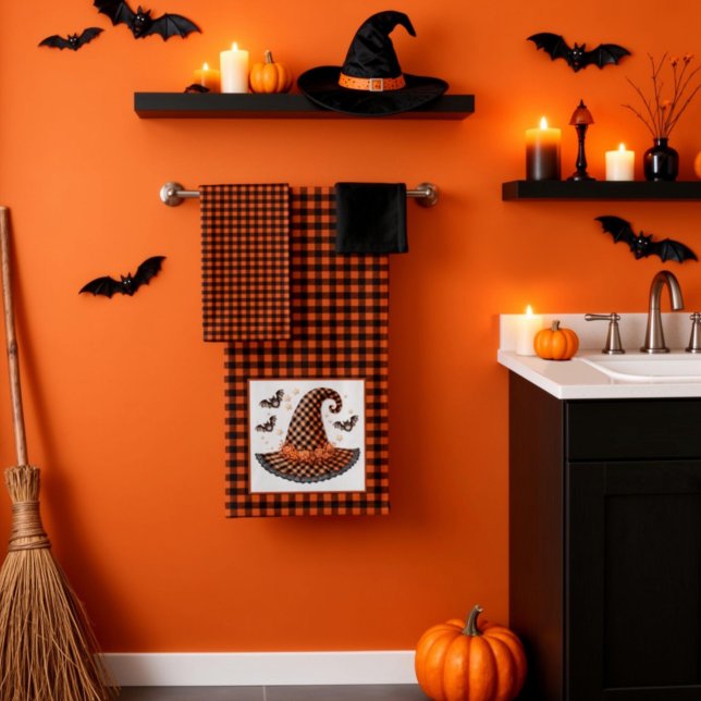 Orange & Black Gingham Halloween Witch Hat & Bats Bath Towel Set (Creator Uploaded)