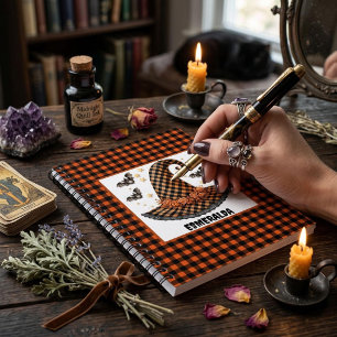 Orange & Black Gingham Halloween Witch Hat & Bats Notebook