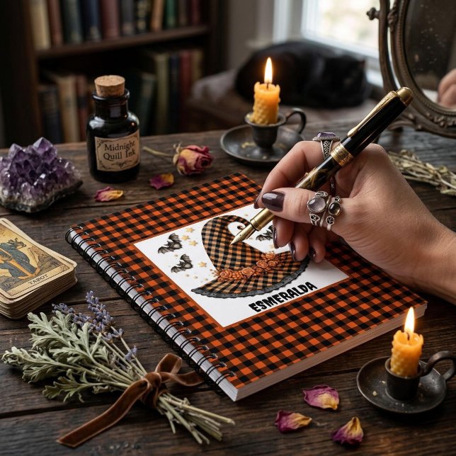 Orange & Black Gingham Halloween Witch Hat & Bats Notebook (Creator Uploaded)