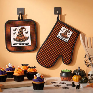 Orange & Black Gingham Halloween Witch Hat & Bats Oven Mitt & Pot Holder Set