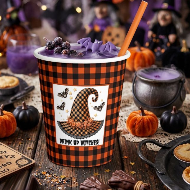 Orange & Black Gingham Halloween Witch Hat & Bats Paper Cups (Creator Uploaded)