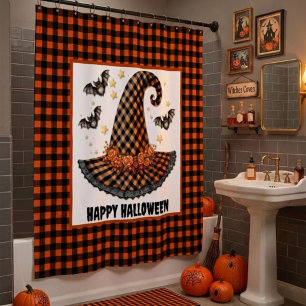 Orange & Black Gingham Halloween Witch Hat & Bats Shower Curtain