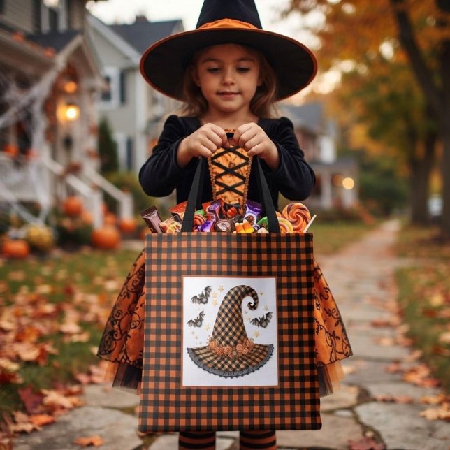 Orange & Black Gingham Halloween Witch Hat & Bats Tote Bag (Creator Uploaded)