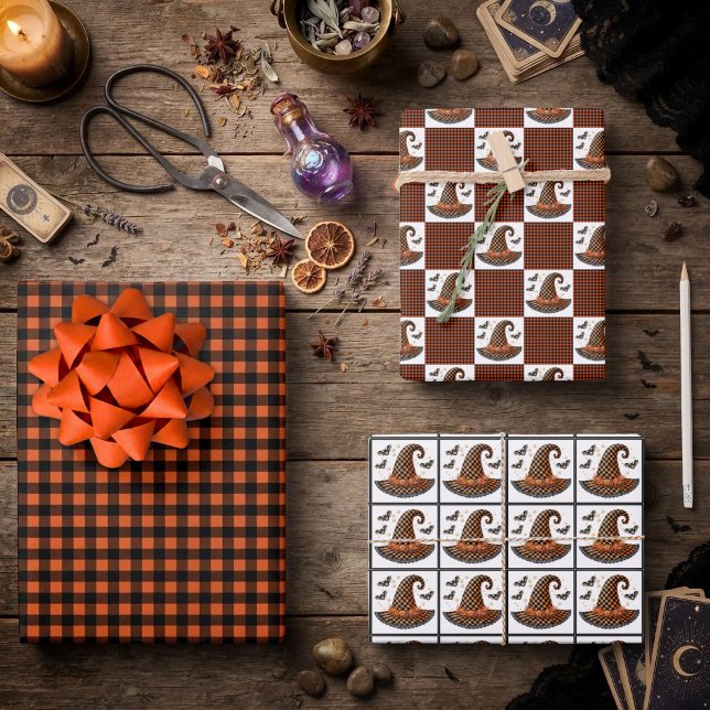 Orange & Black Gingham Halloween Witch Hat & Bats Wrapping Paper Sheet (Creator Uploaded)