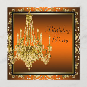 Orange Black Gold Damask Chandelier Birthday Party Invitation