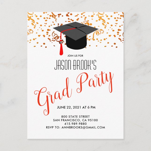 Orange Black Gold Grad Cap Confetti Announcement Postcard (Front)