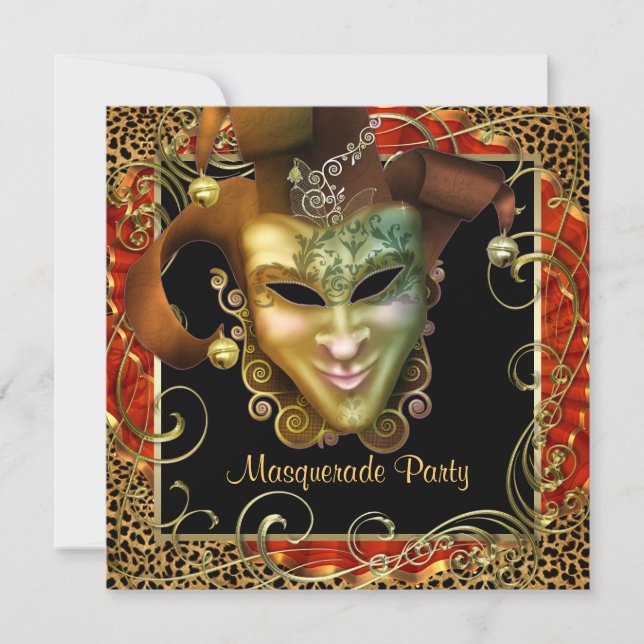 Orange Black Gold Leopard Masquerade Party Invitation (Front)