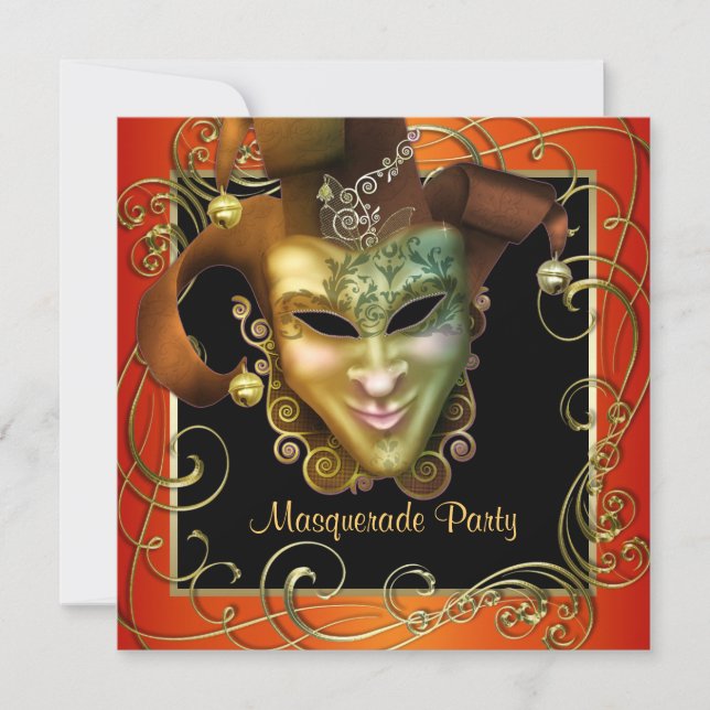 Orange Black Gold Masquerade Party Invitations (Front)