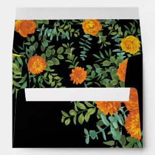 Orange & Black Gothic Peony & Rose Floral Wedding Envelope