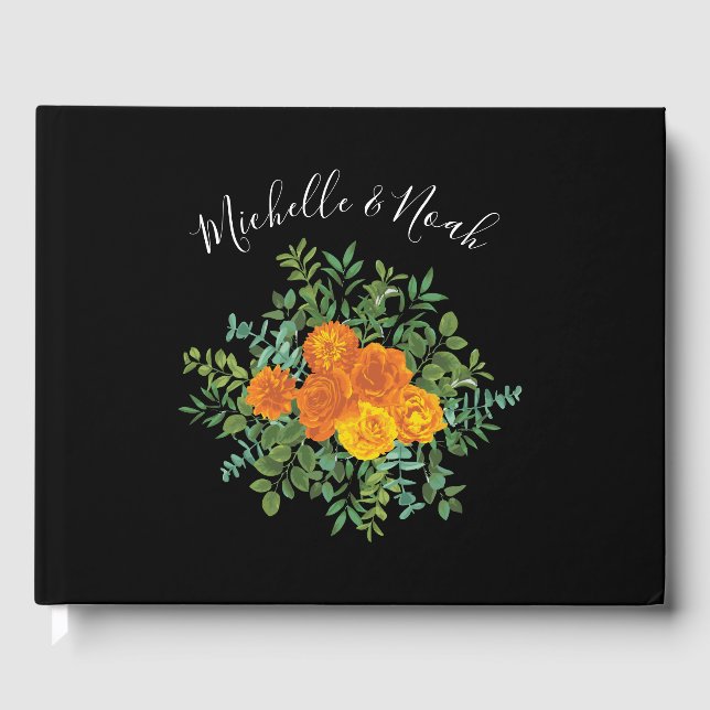 Orange & Black Gothic Peony & Rose Floral Wedding Guest Book (Front)