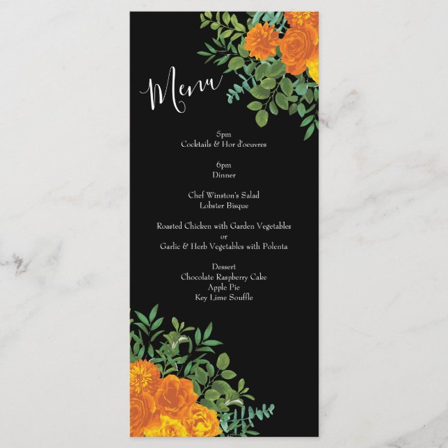 Orange & Black Gothic Peony & Rose Wedding Menu (Front)