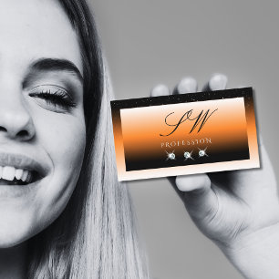 Orange Black Gradient Sparkling Diamonds Monogram Business Card