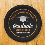 Orange Black Graduate Custom 2025 Graduation Party Paper Plate<br><div class="desc">This modern orange and black custom graduation party paper plate features classy typography of your high school or college name for the class of 2025. Customise with your graduating year under the chic handwritten script and grad cap for great personalised graduate decor.</div>