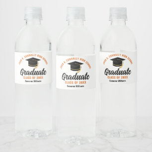 Orange Black Graduate Custom Graduation Party Water Bottle Label