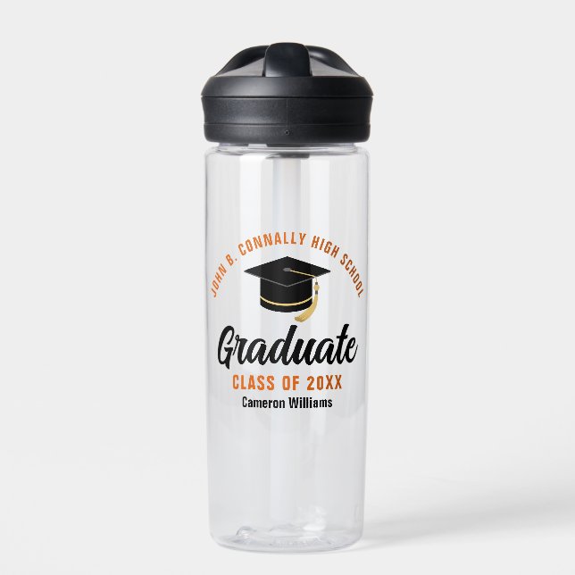 Orange Black Graduate Personalised Graduation Water Bottle (Front)