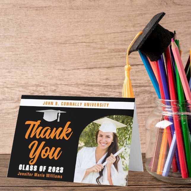 Orange Black Graduate Photo Arch Graduation Folded Thank You Card (Creator Uploaded)