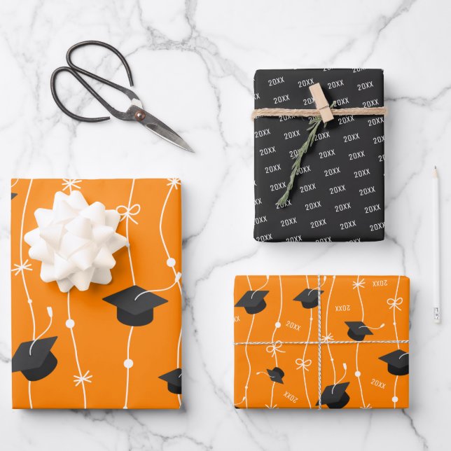 Orange & Black Graduation Cap Toss Wrapping Paper (Front)