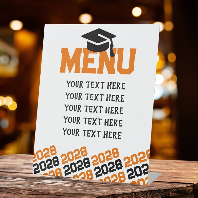 Orange & Black Graduation Menu Party Pedestal Sign (Orange, White and Black Graduation Cap Class Year Menu Pedestal Table Sign)