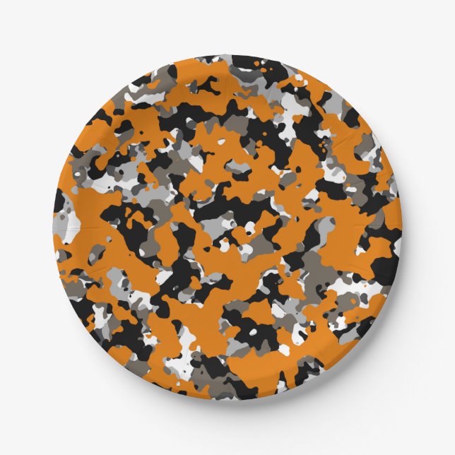 Orange Black Grey Tan Camouflage Camo Print Party Paper Plate (Front)