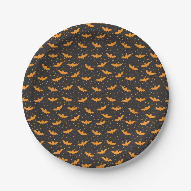 Orange black Halloween bat pattern Paper Plate (Front)