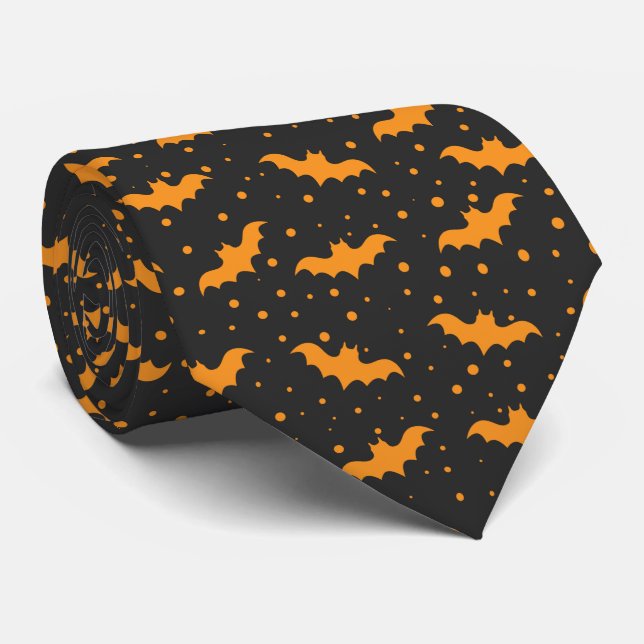 Orange black Halloween bat pattern Tie (Rolled)
