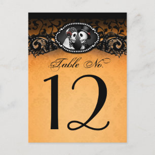 Orange & Black Halloween Skeletons Table Number Postcard