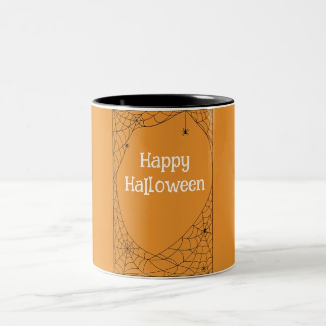 Orange Black Halloween Spiders Two-Tone Coffee Mug (Center)