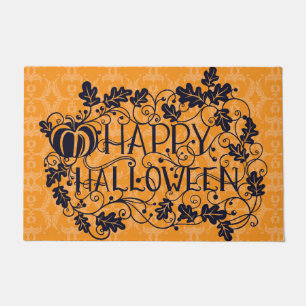 ORANGE & BLACK HAPPY HALLOWEEN PUMPKINS VINES DOORMAT