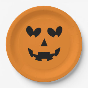 Orange & Black Happy Heart Pumpkin Halloween Paper Plate