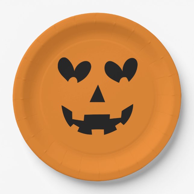 Orange & Black Happy Heart Pumpkin Halloween  Paper Plate (Front)