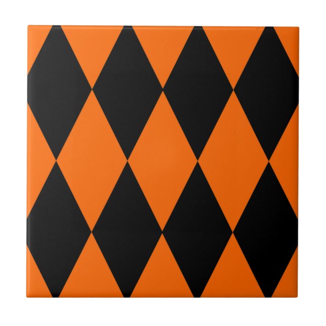 Orange Black Harlequin Diamonds Checkers Design  Ceramic Tile (Front)