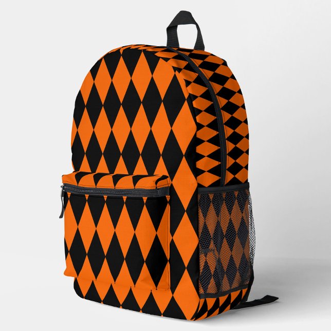 Orange Black Harlequin Diamonds Checkers Design  Printed Backpack (Creator Uploaded)