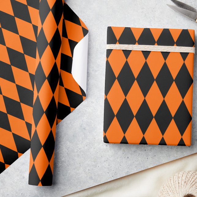 Orange Black Harlequin Diamonds Checkers Design  Wrapping Paper (Creator Uploaded)