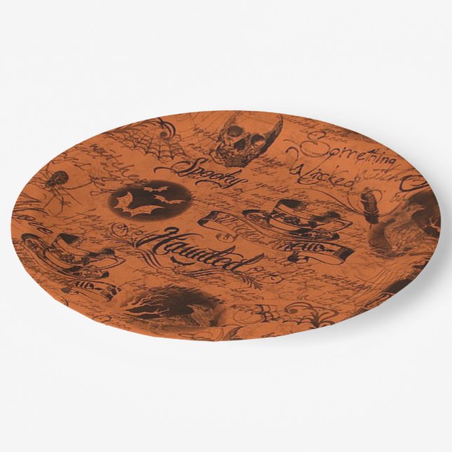 Orange & Black Haunted Halloween Paper Plates (Angled)